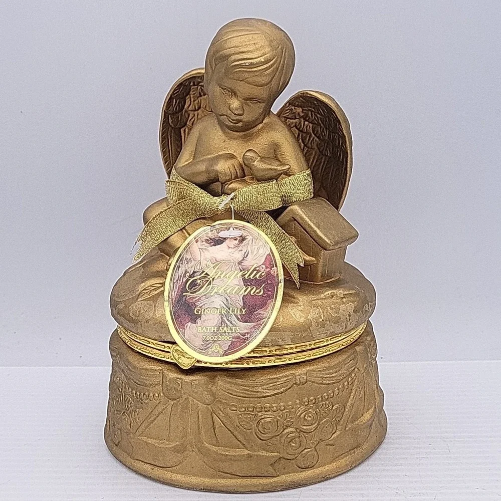 Vintage 1970 Gold Angel Winged Cherub Trinket Jewelry Box Round‎ RARE